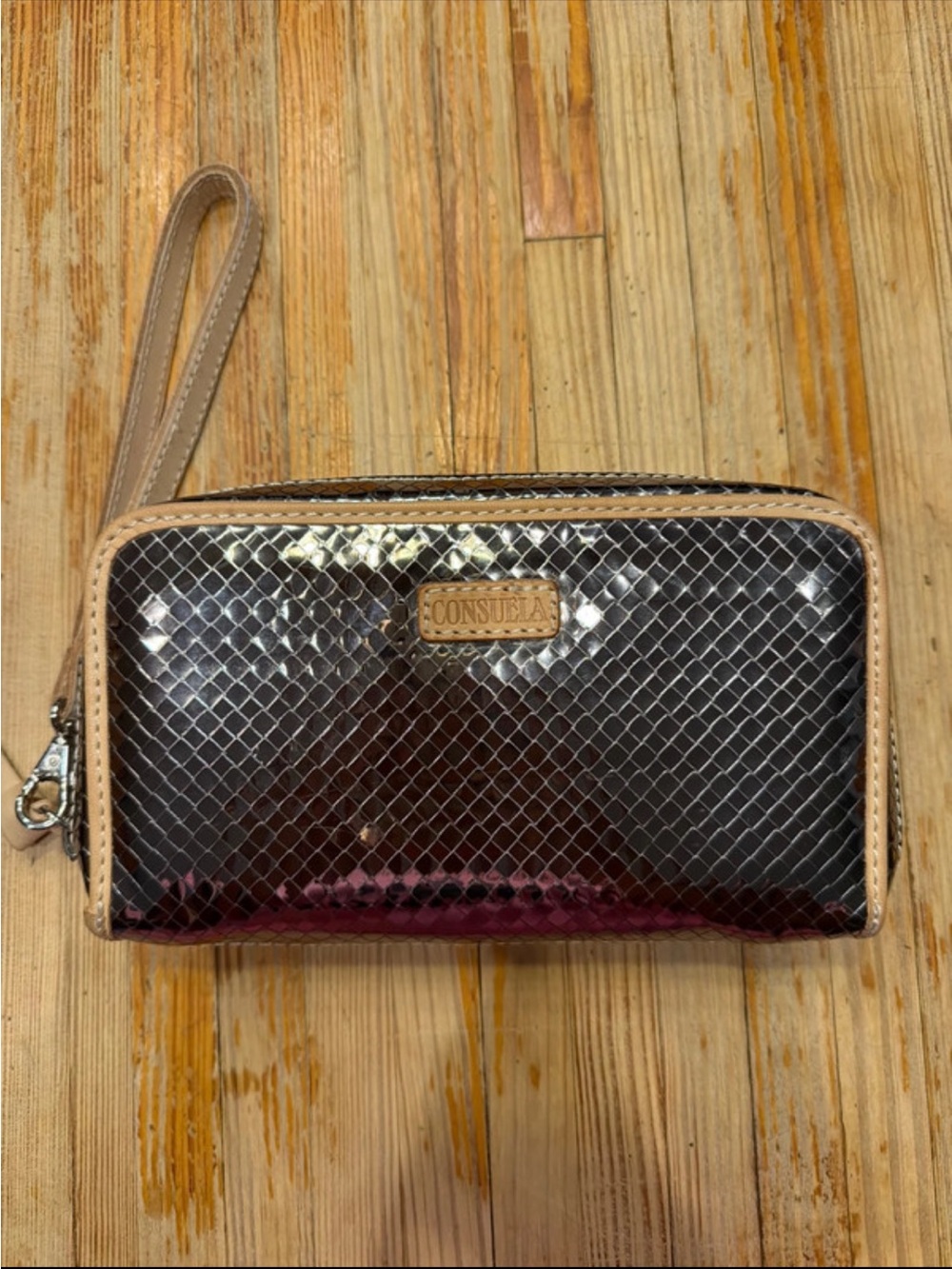 Consuela Metallic gold and Tan Wristlet Wallet with Diamond Pattern